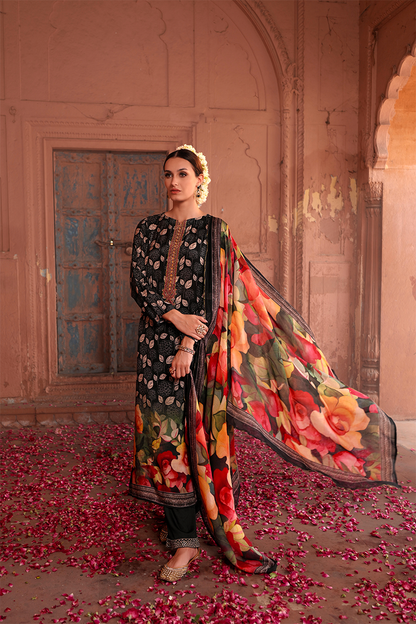 Black Heavy Organza Chikankari Grid & Jacquard Butti Suit Set with Banarasi Floral Dupatta - 3 Piece