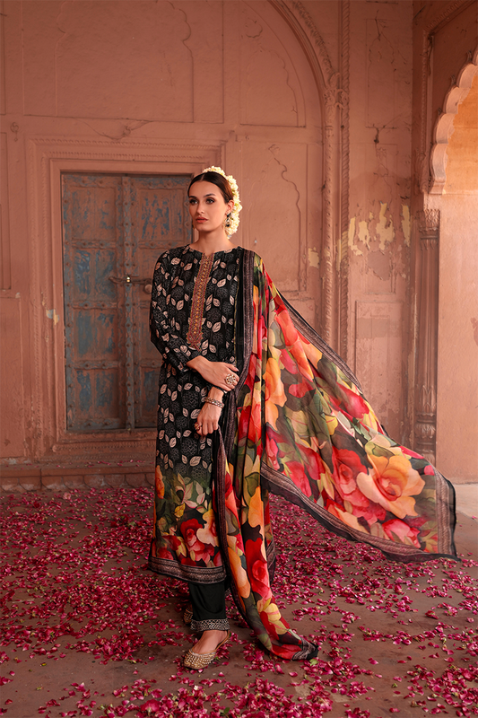 Black Heavy Organza Chikankari Grid & Jacquard Butti Suit Set with Banarasi Floral Dupatta - 3 Piece