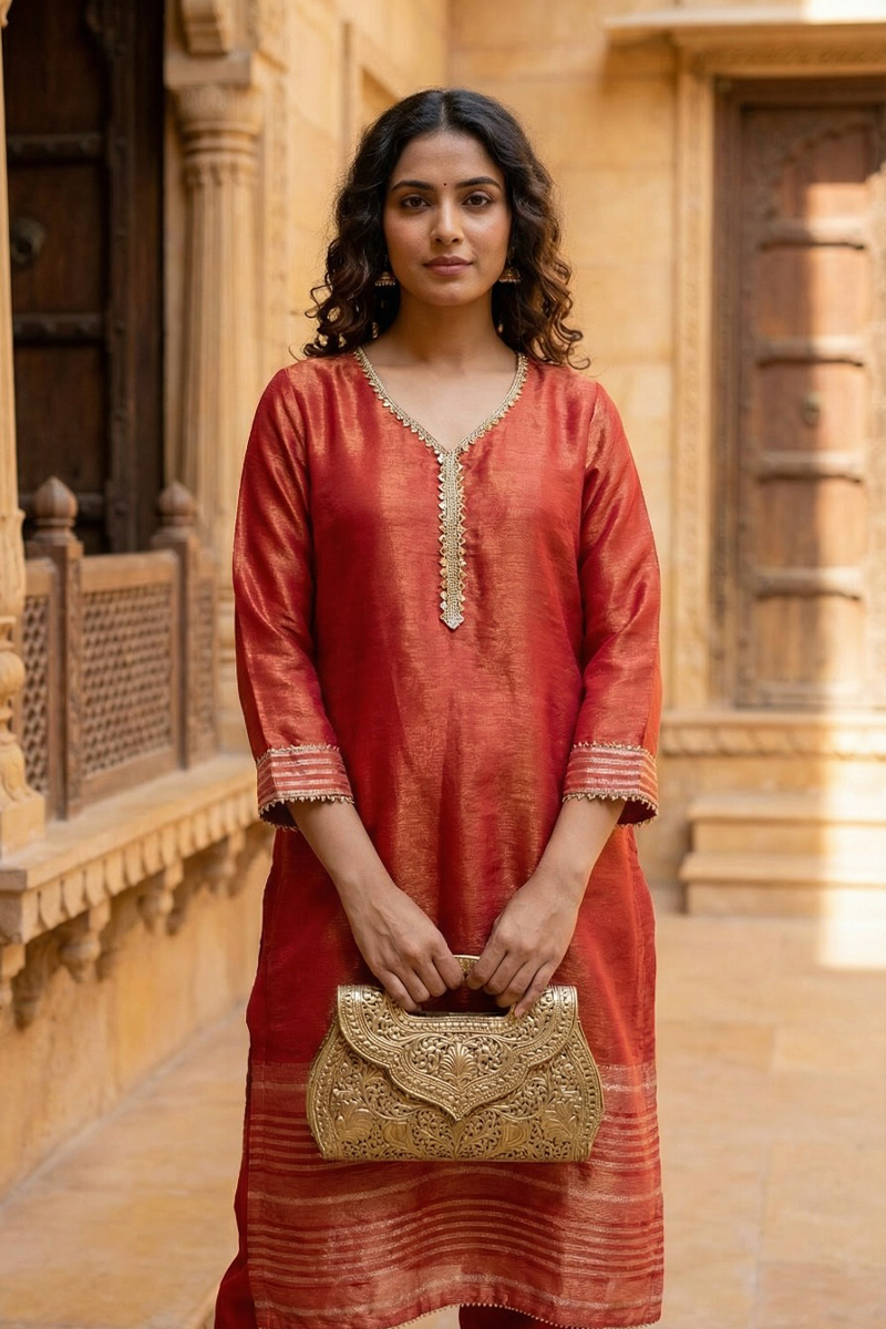 Zari Work Kurta Set - Rust Red
