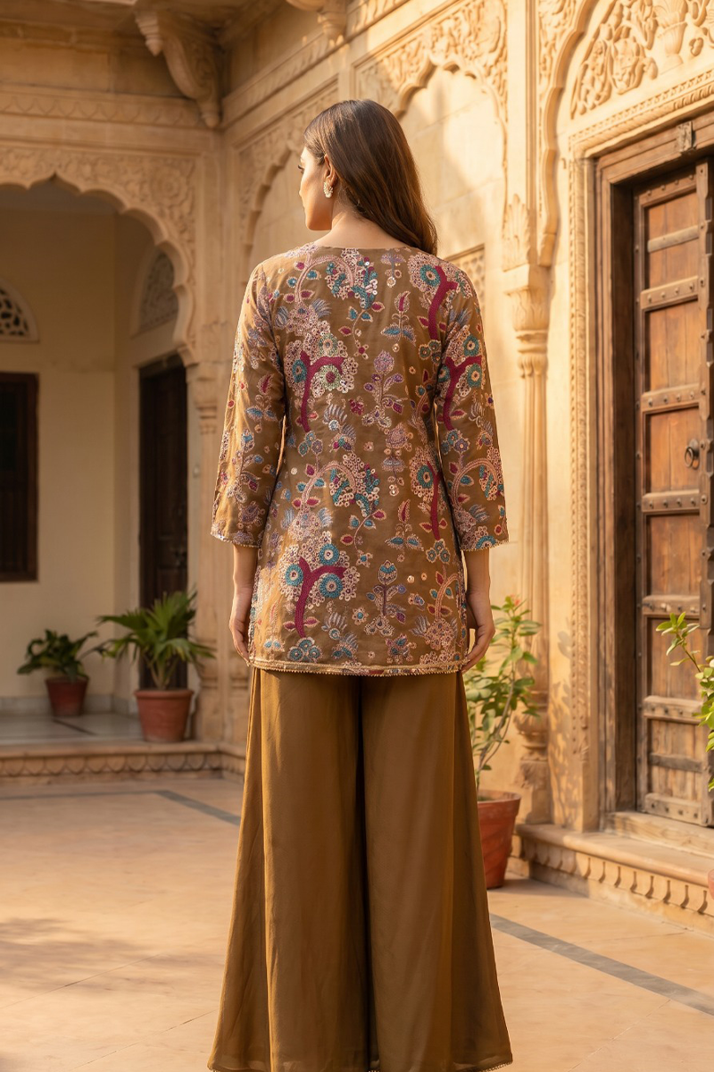 Kalamkari Print Wide-Leg Palazzo Co-Ord Set in Dola Silk