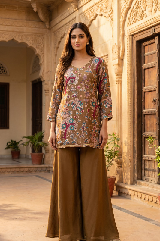 Kalamkari Print Wide-Leg Palazzo Co-Ord Set in Dola Silk