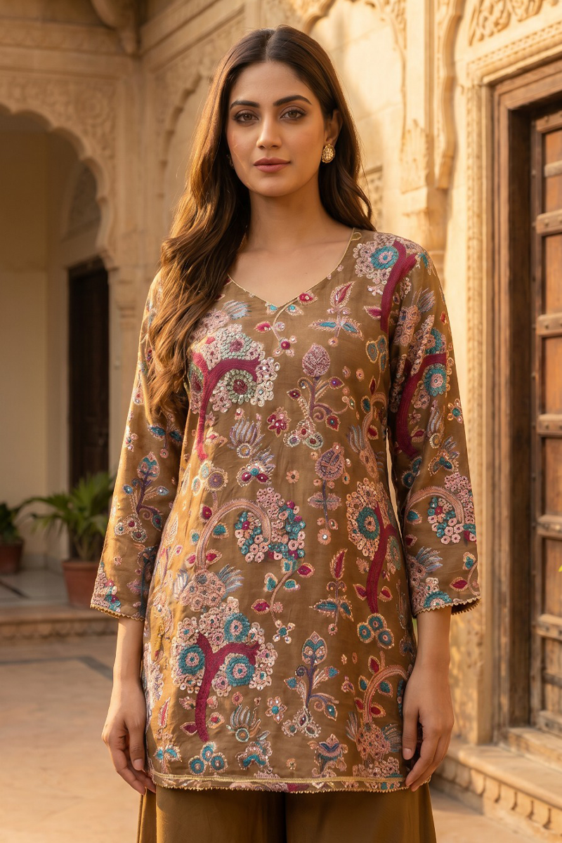 Kalamkari Print Wide-Leg Palazzo Co-Ord Set in Dola Silk