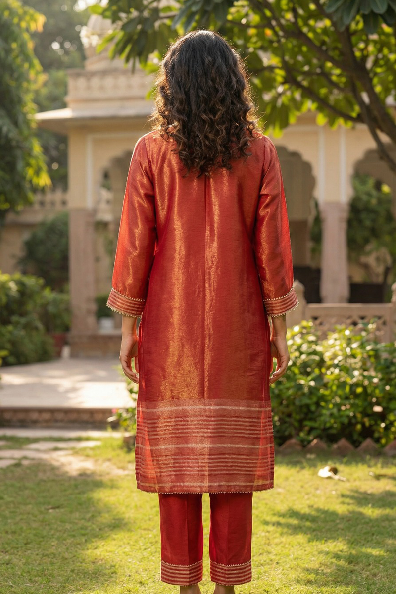 Zari Work Kurta Set - Rust Red