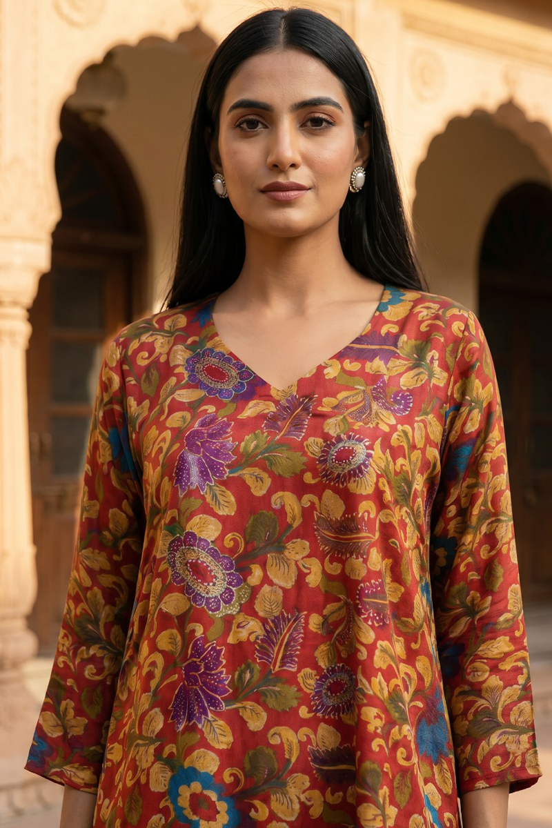 Festive Kalamkari Floral Co-Ord Set in Dola Silk