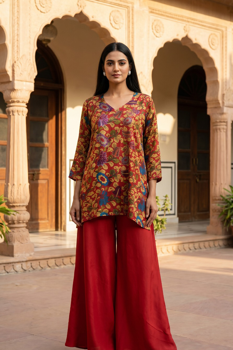Festive Kalamkari Floral Co-Ord Set in Dola Silk