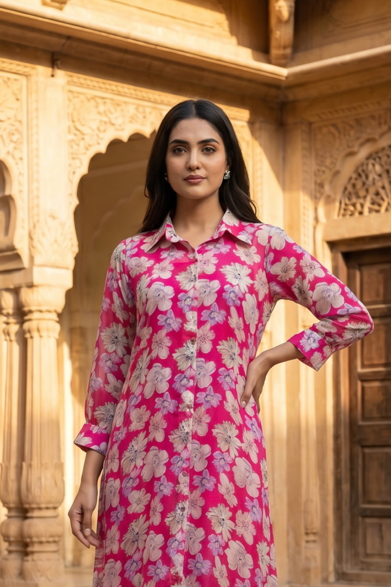 Fuchsia Floral Shirt Dress in Pure Chinon Chiffon