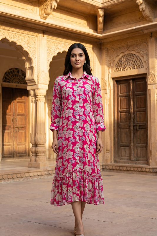 Fuchsia Floral Shirt Dress in Pure Chinon Chiffon