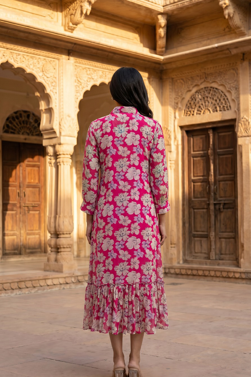 Fuchsia Floral Shirt Dress in Pure Chinon Chiffon