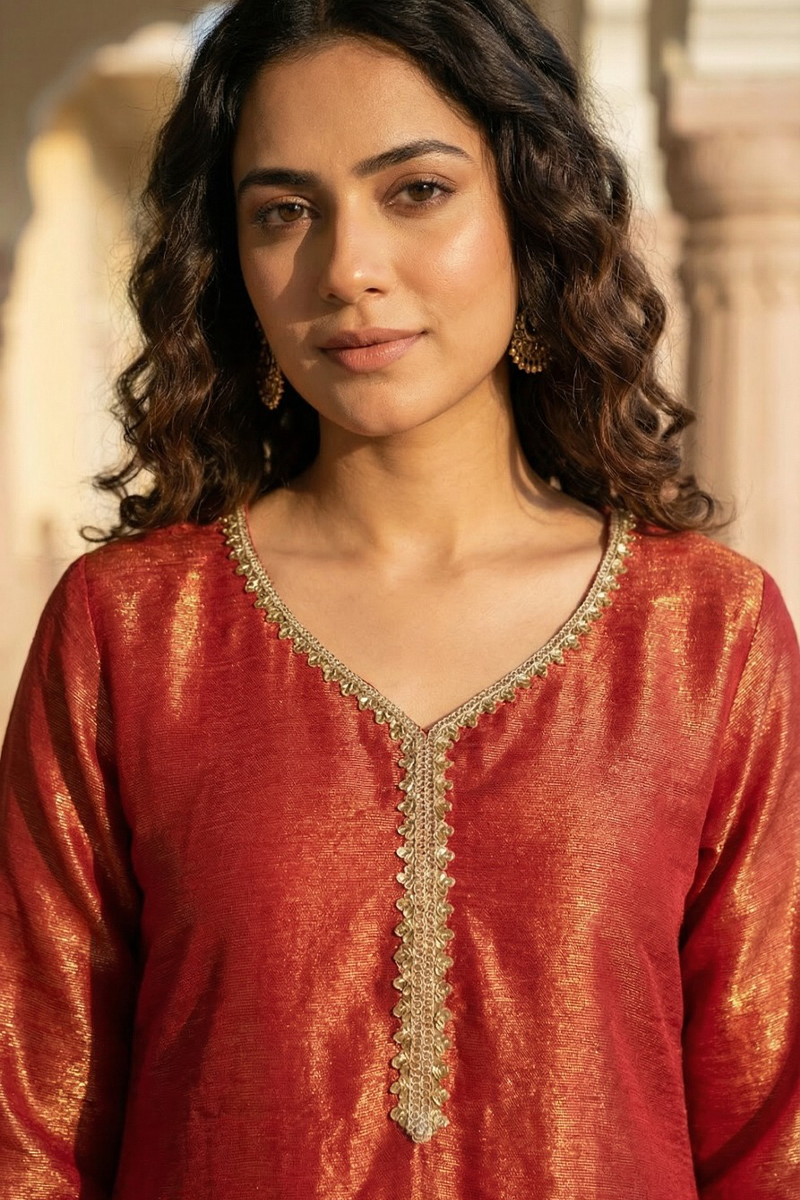 Zari Work Kurta Set - Rust Red