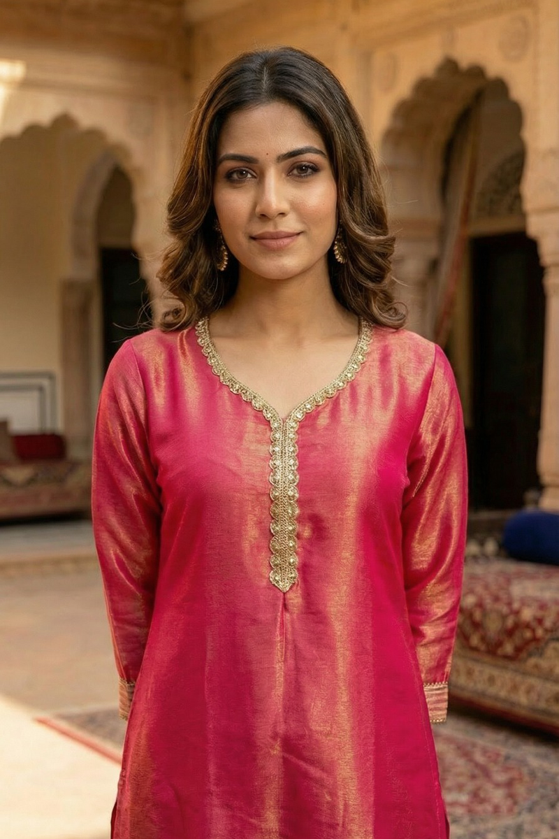 Zari Work Kurta Set - Rich Pink