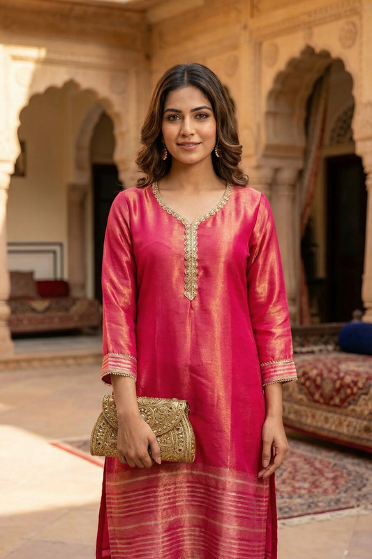 Zari Work Kurta Set - Rich Pink