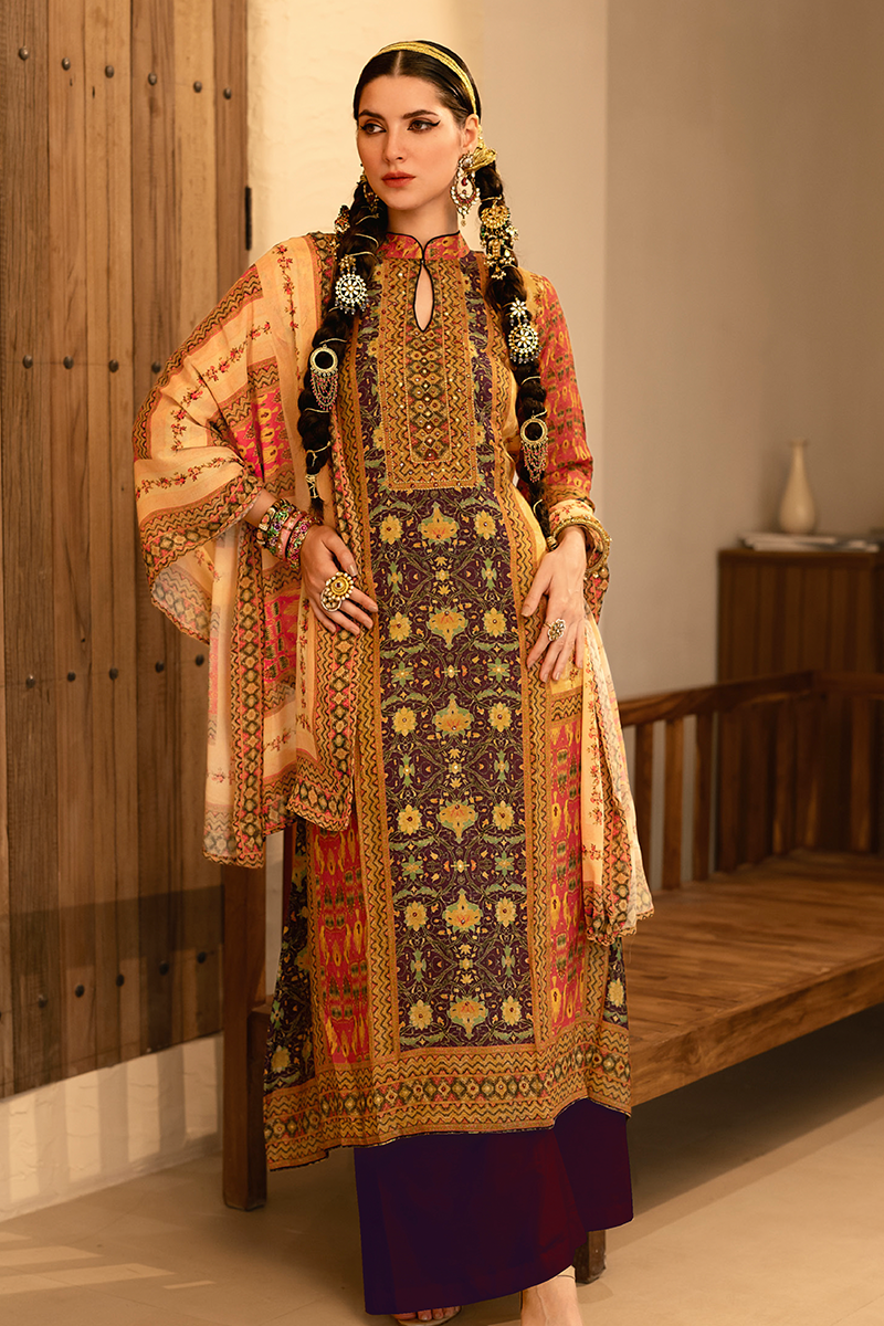 Golden Amber Viscose Muslin Hand Print Suit Set with Peach Dupatta - 3 Piece