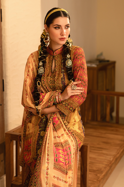 Golden Amber Viscose Muslin Hand Print Suit Set with Peach Dupatta - 3 Piece