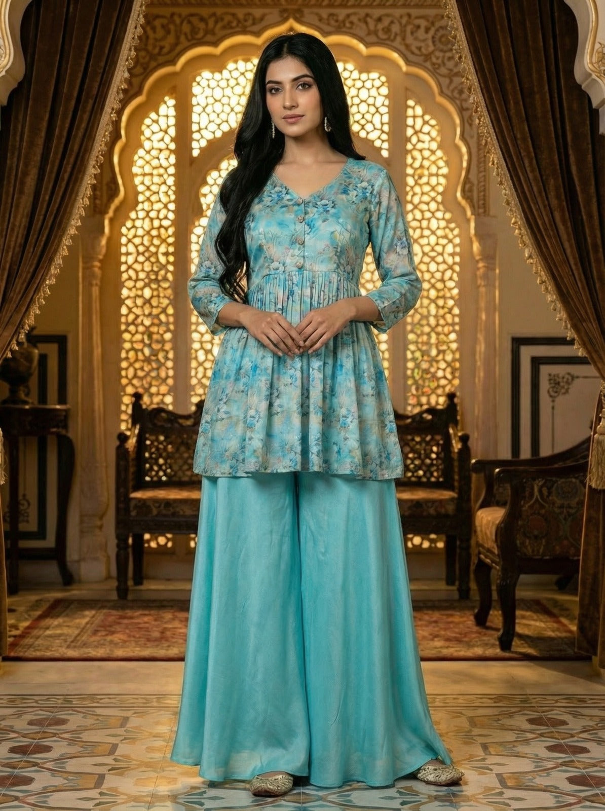 Floral Peplum Palazzo Set – Sky Blue