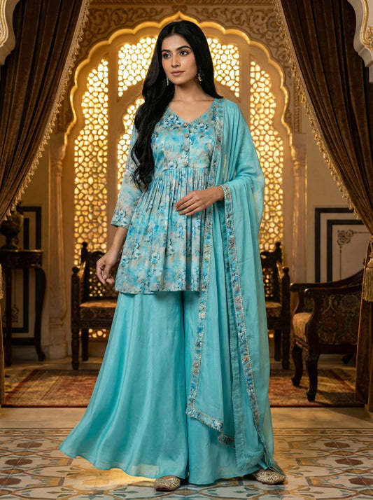 Floral Peplum Palazzo Set – Sky Blue