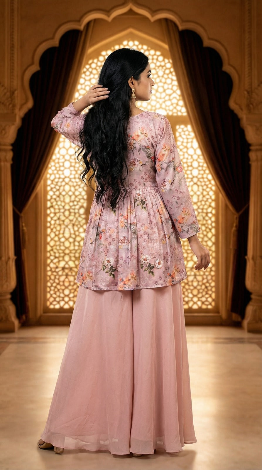 Dusty Rose Floral Peplum Palazzo Set