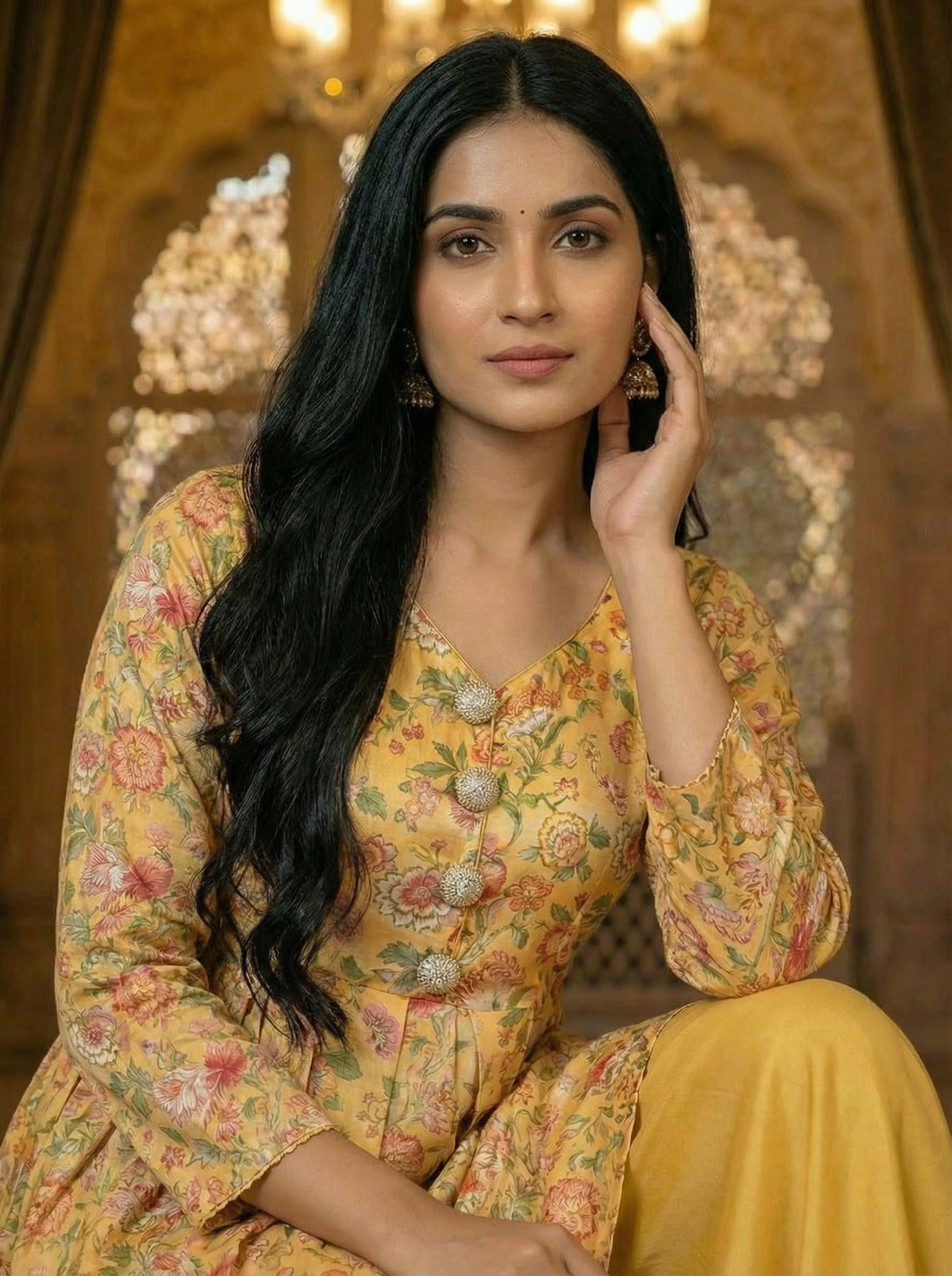 Yellow Floral Peplum Palazzo Set