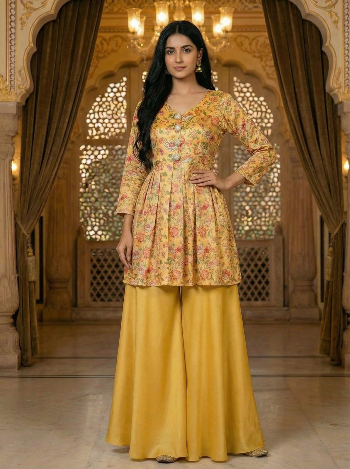 Yellow Floral Peplum Palazzo Set