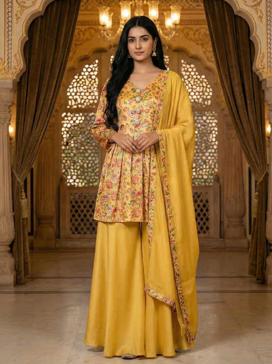 Yellow Floral Peplum Palazzo Set