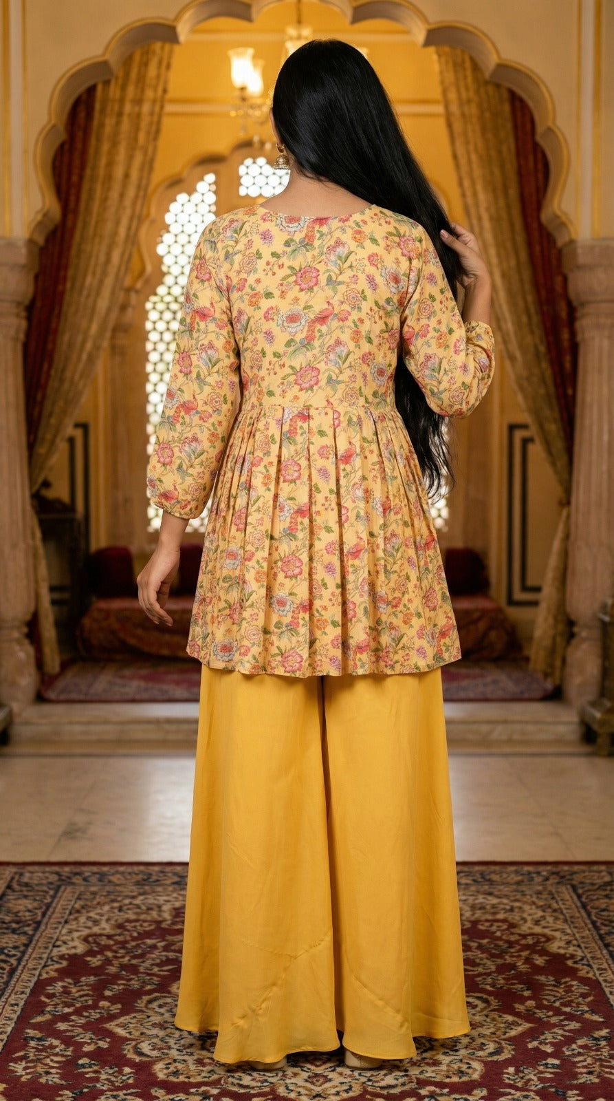 Yellow Floral Peplum Palazzo Set