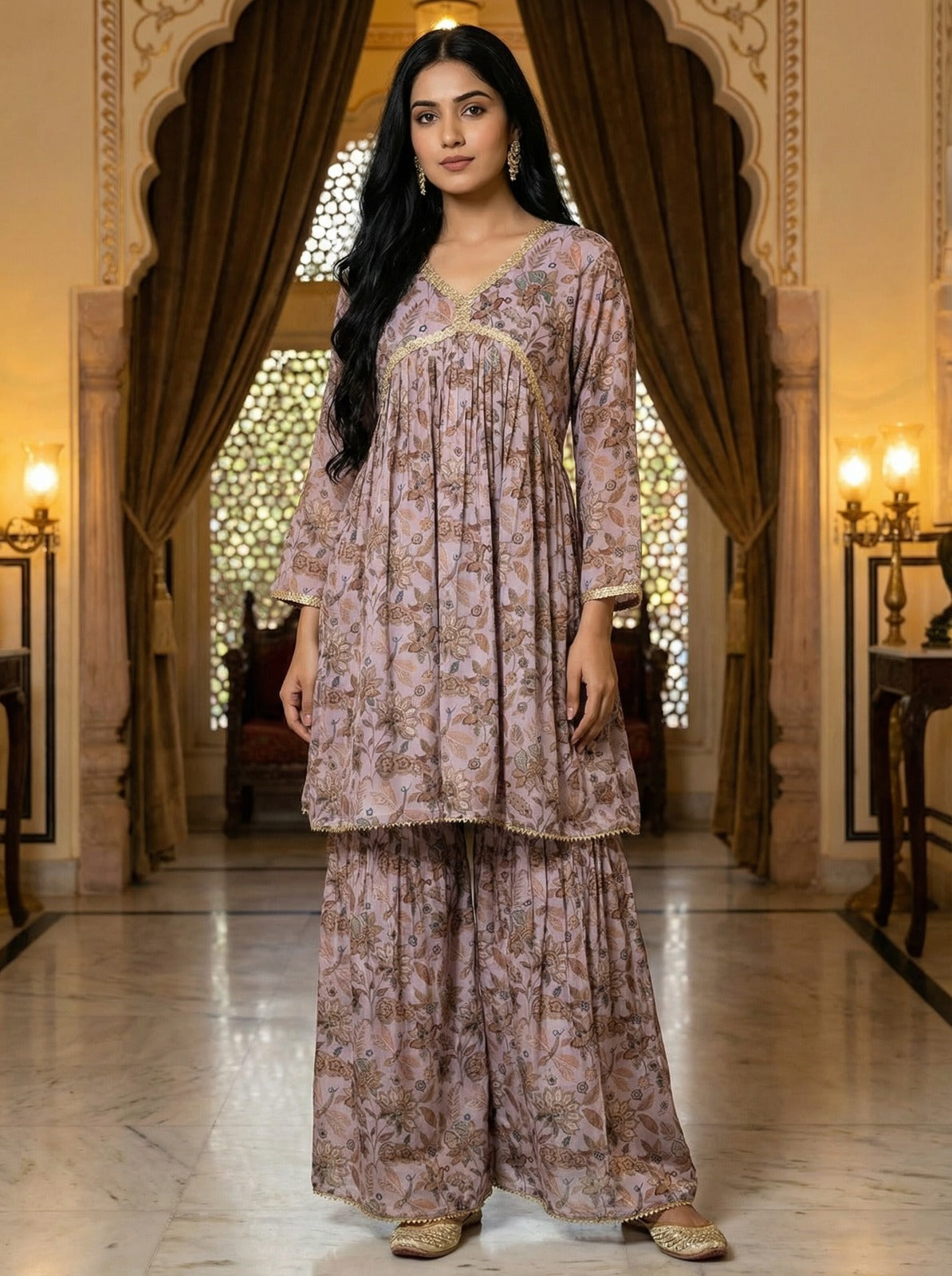 Lavender Floral Sharara Set with Dupatta