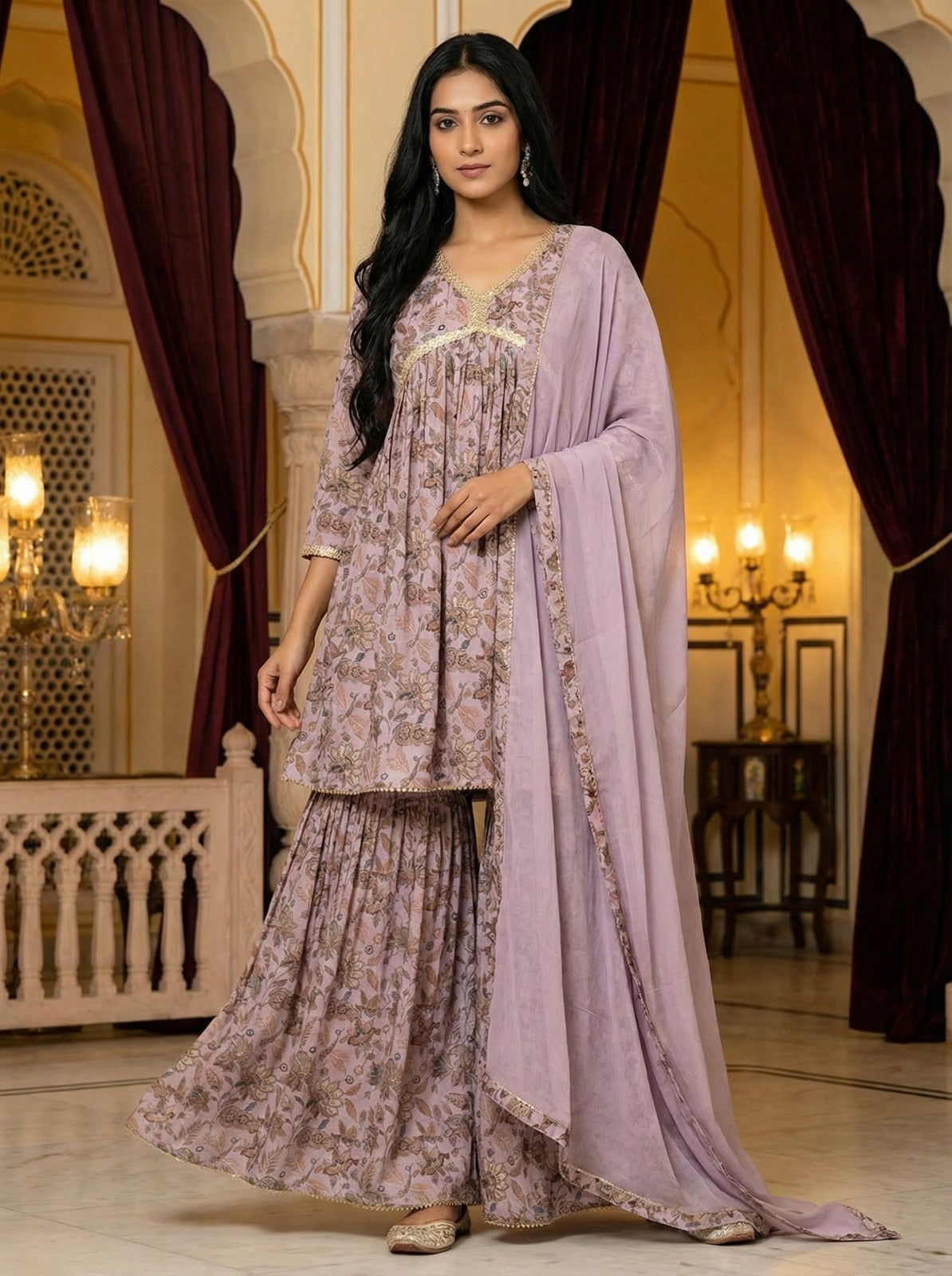 Lavender Floral Sharara Set with Dupatta