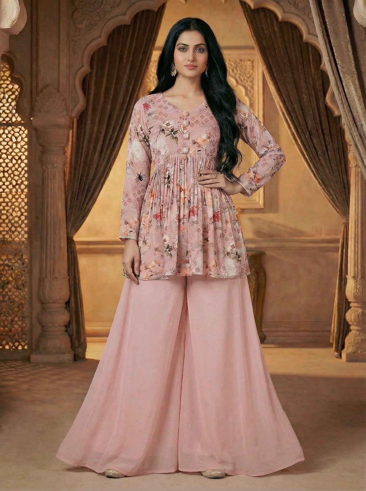 Dusty Rose Floral Peplum Palazzo Set