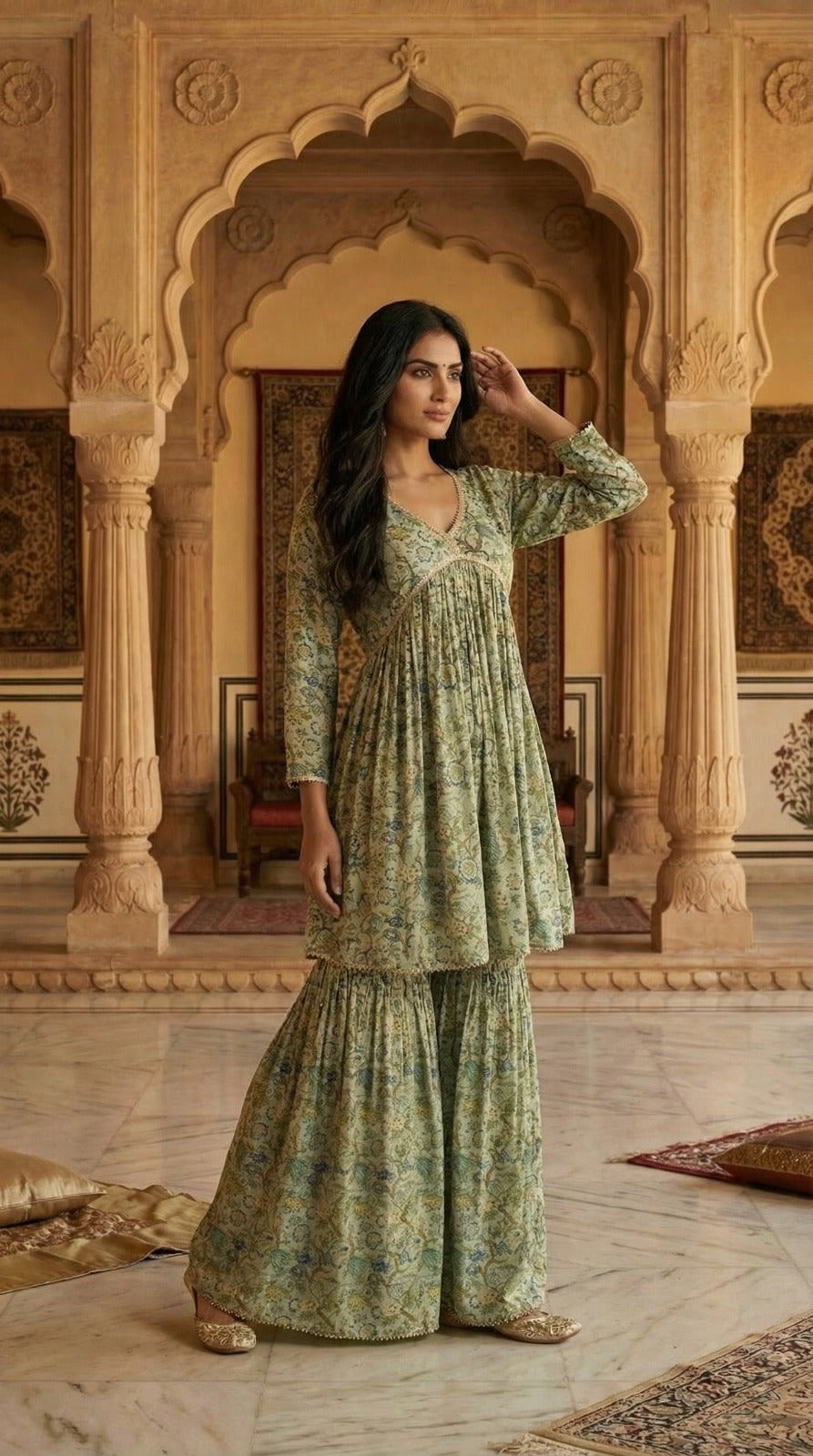 Sage Green Printed Sharara Set