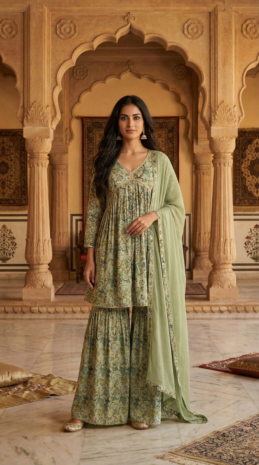 Sage Green Printed Sharara Set