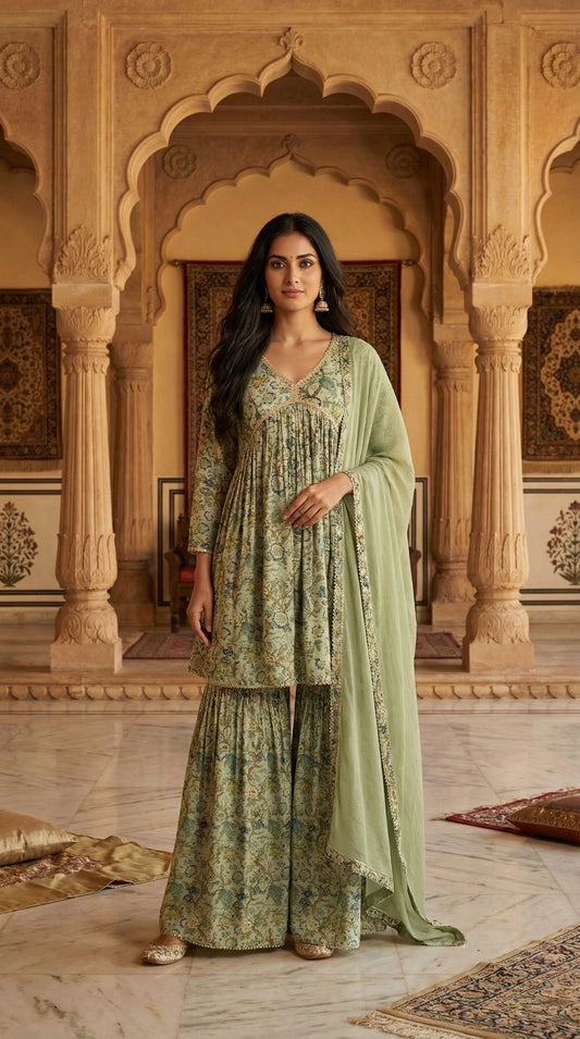 Sage Green Printed Sharara Set