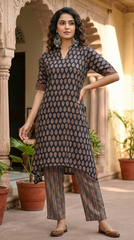 Black & Brown Printed Pure Bemberg Modal Kurta Set