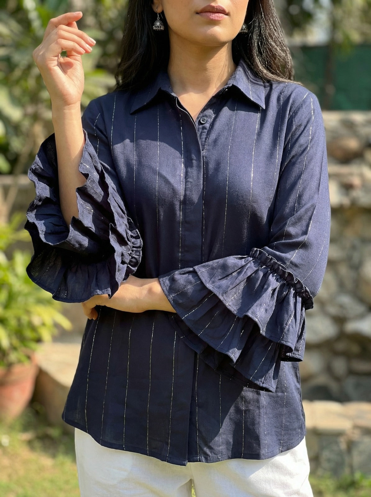 Navy Front Button Placket Shirt