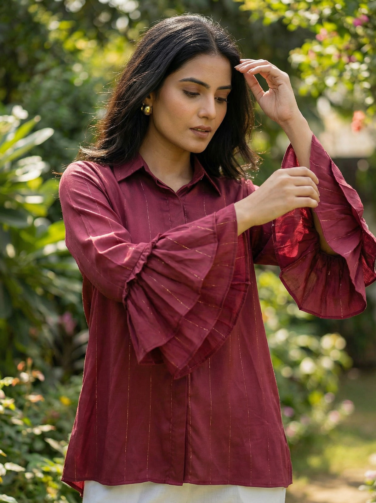 Maroon Tiered Bell Sleeves Shirt
