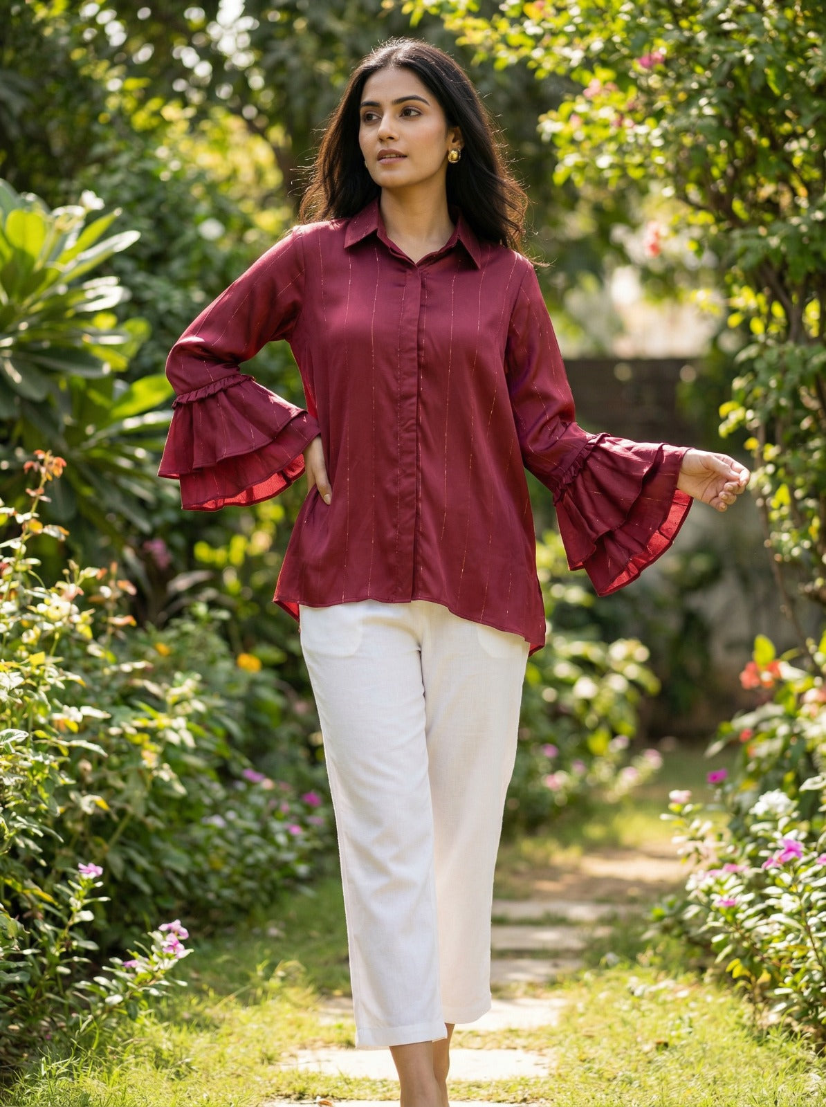 Maroon Tiered Bell Sleeves Shirt