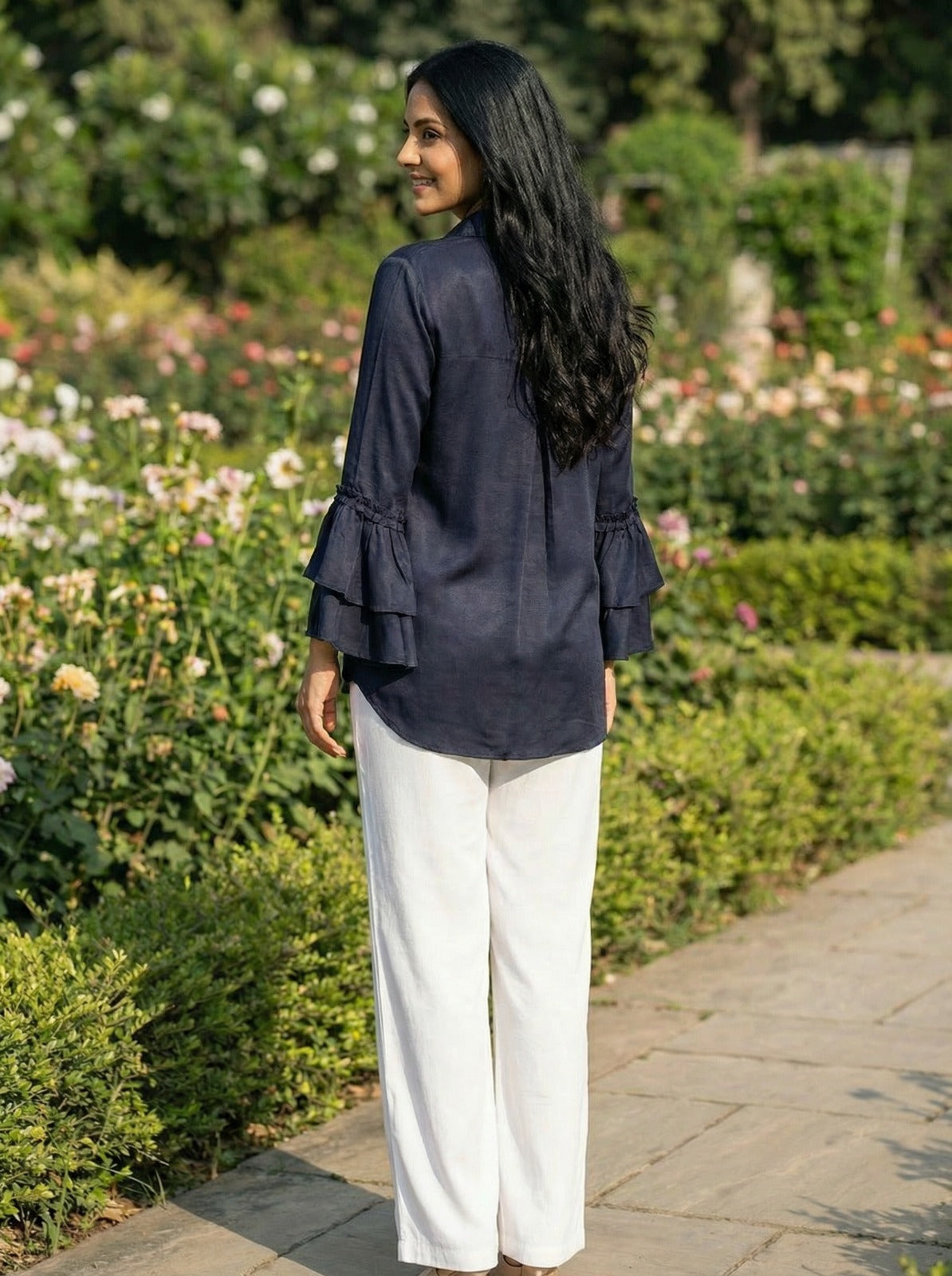 Navy Blue Bell Sleeve Shirt