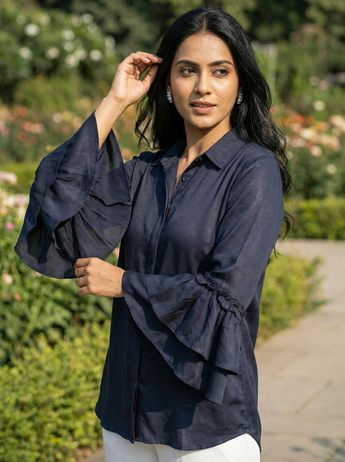 Navy Blue Bell Sleeve Shirt
