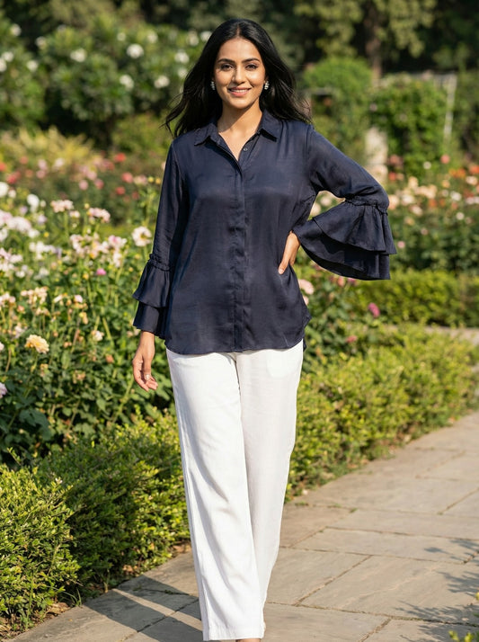 Navy Blue Bell Sleeve Shirt