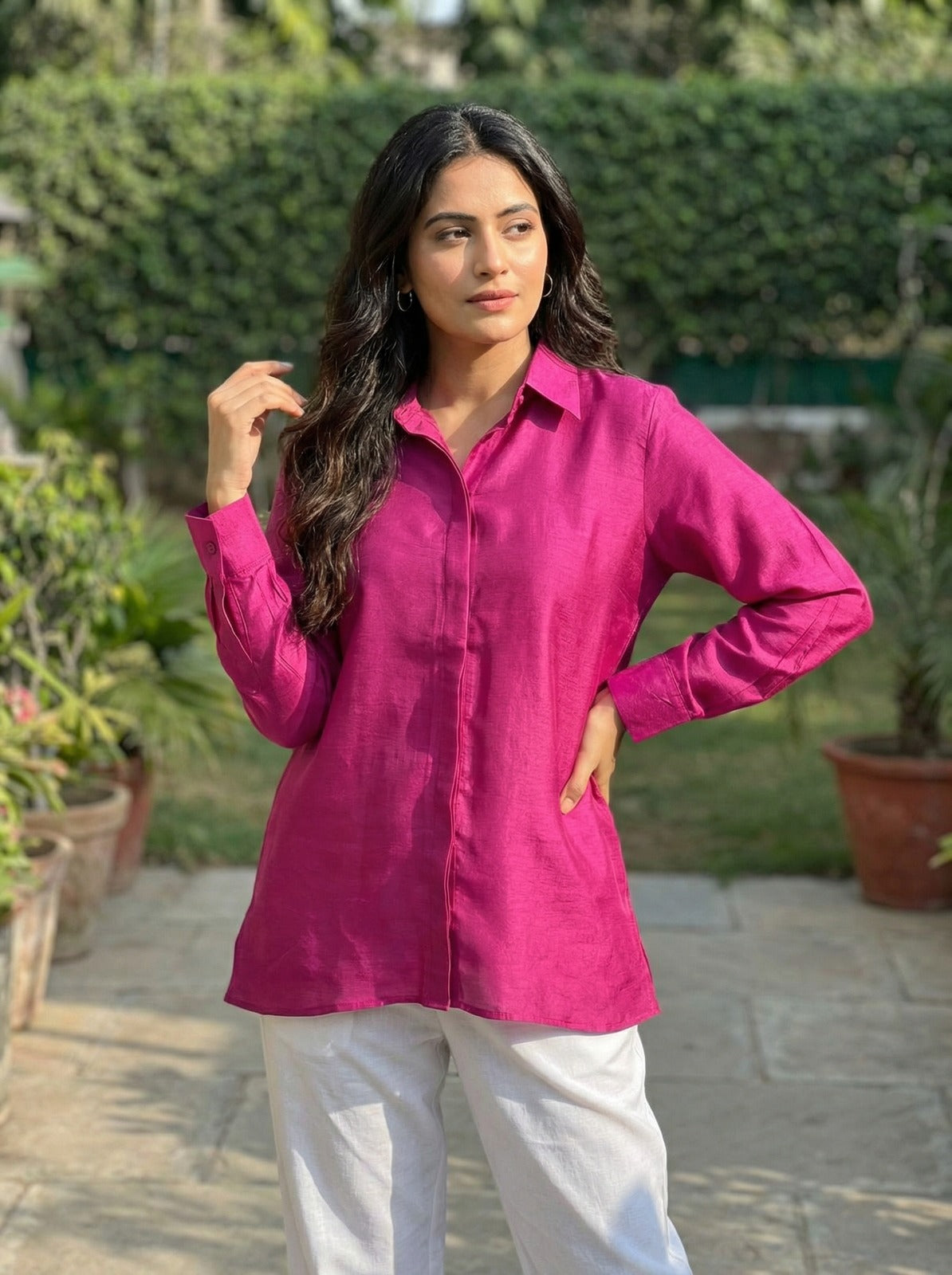 Fuchsia Cup Sleeves Shirt