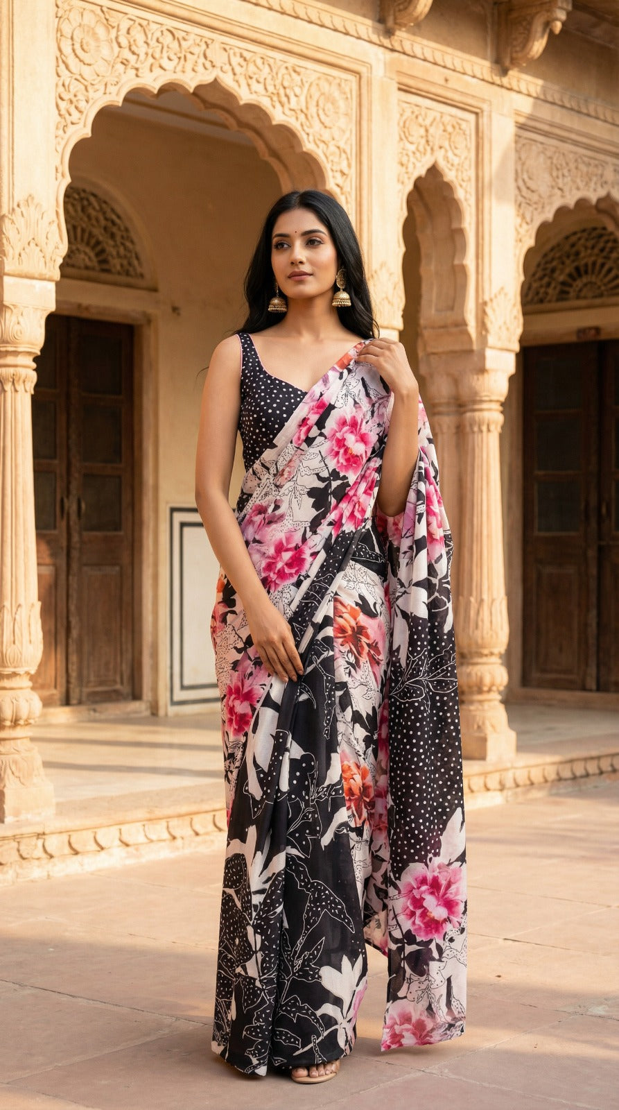 Black & Ivory Floral Saree
