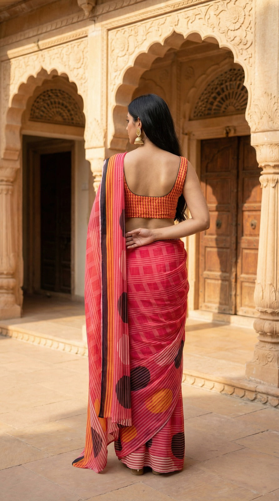 Coral Pink Printed Chinon Saree