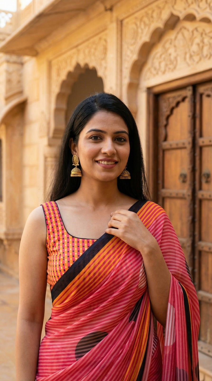 Coral Pink Printed Chinon Saree