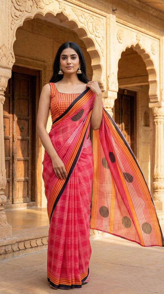Coral Pink Printed Chinon Saree