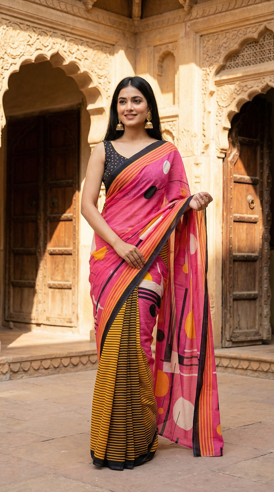 Abstract Printed Chinon Saree
