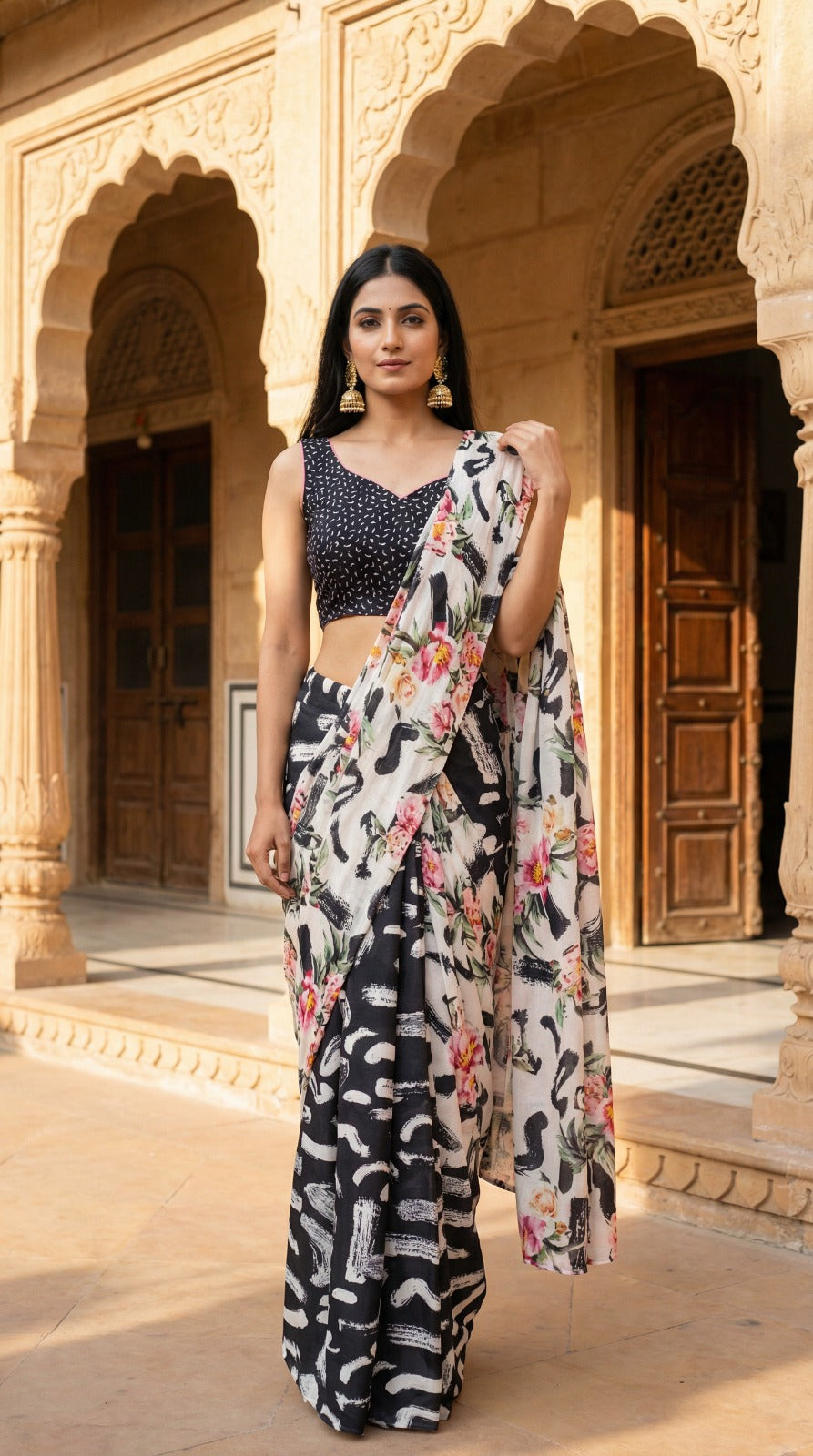 Geometric Print Crepe Silk Saree