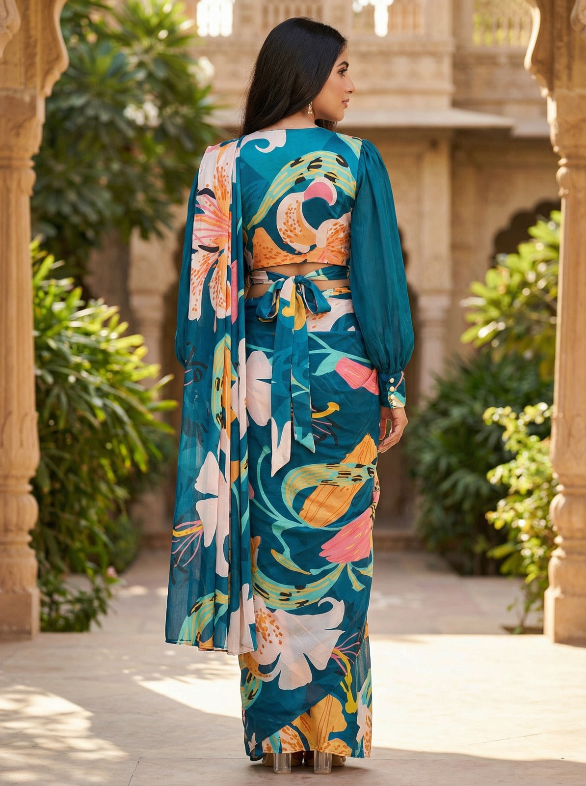 Teal Artistic Floral Saree