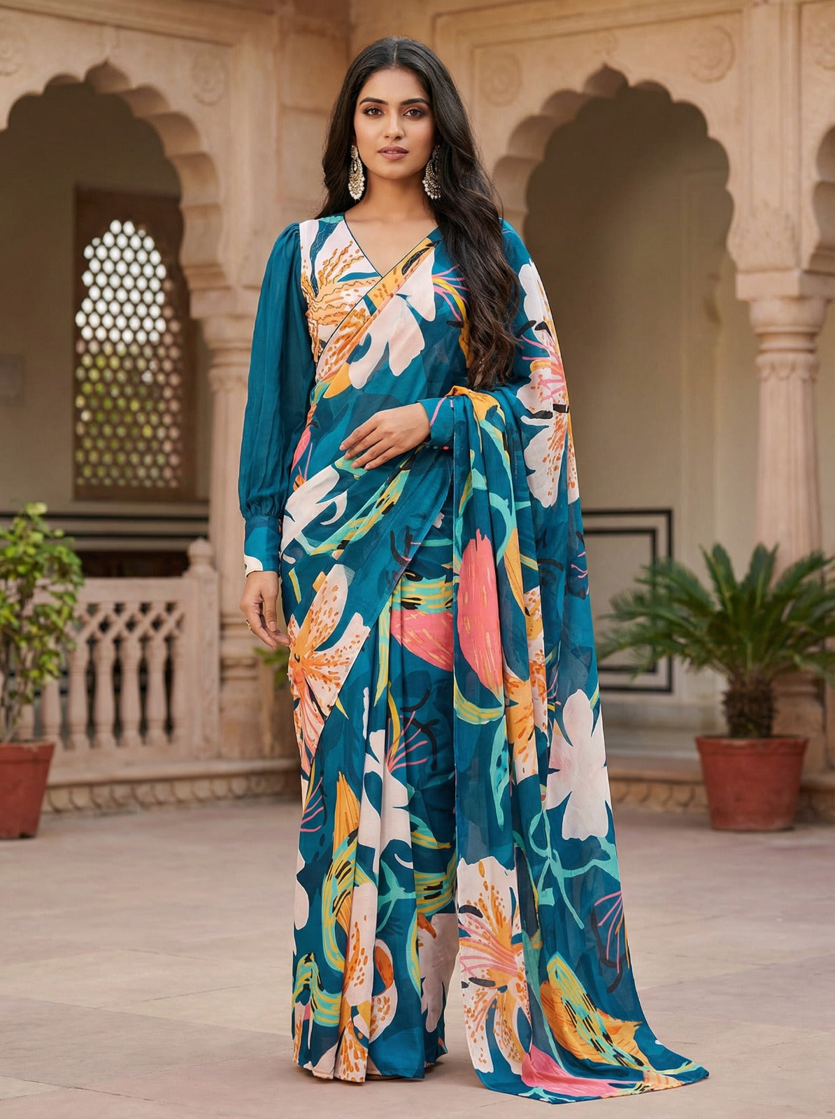 Teal Artistic Floral Saree