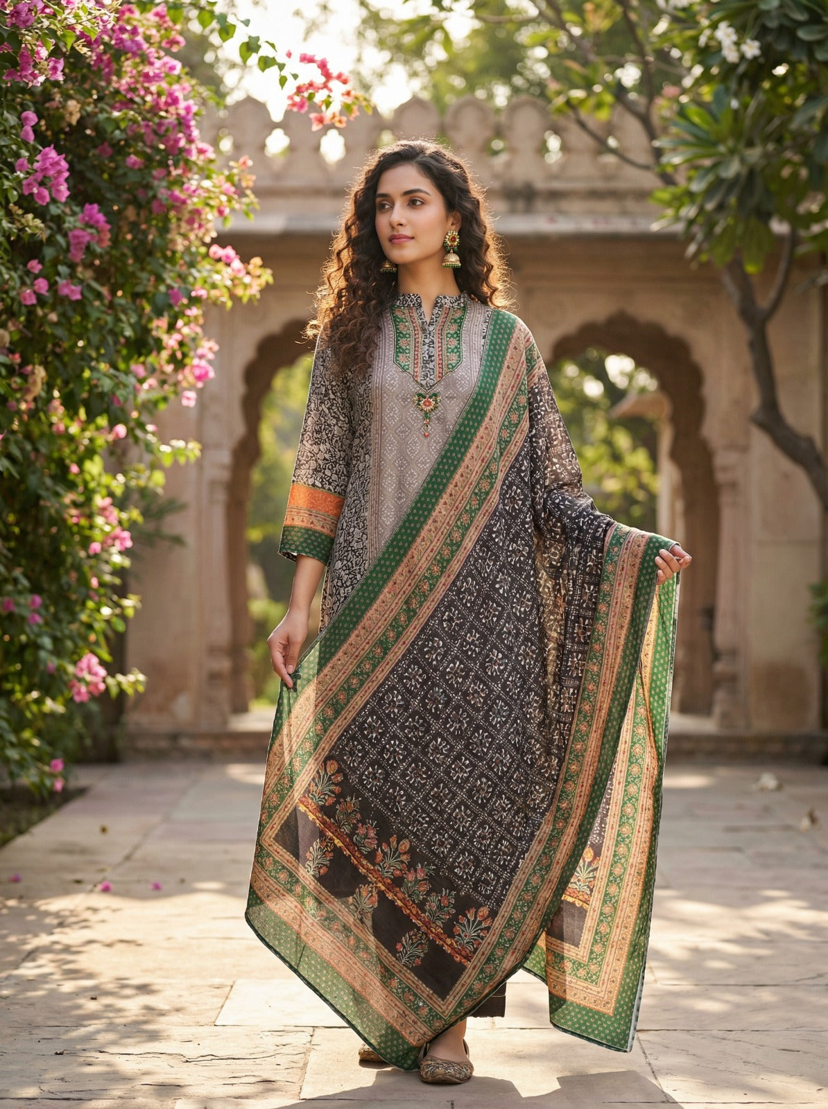 Paneled Ajrakh-Inspired Print Kurta Set