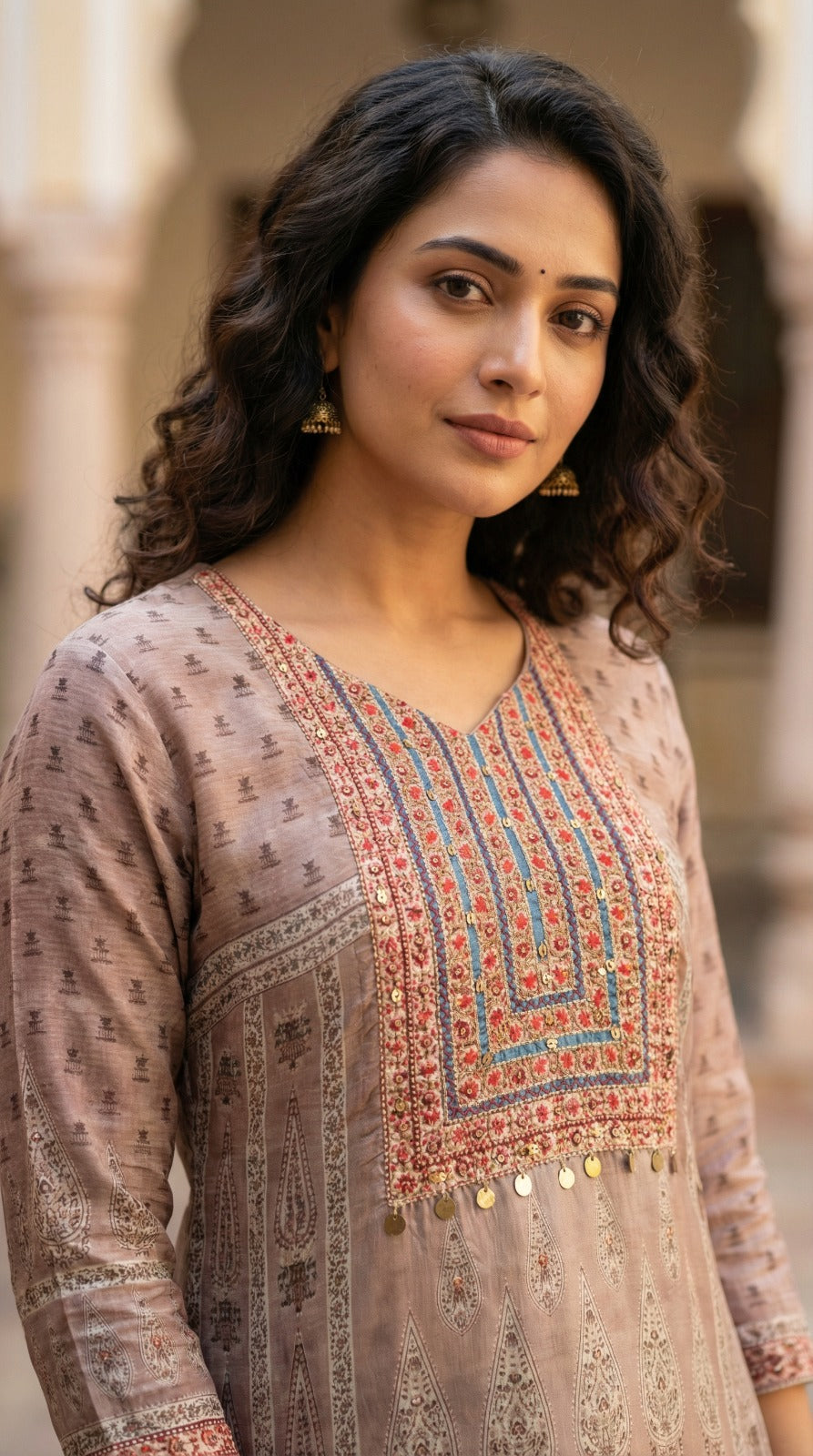 Vertical Floral Print Kurta Set with Charm Accents