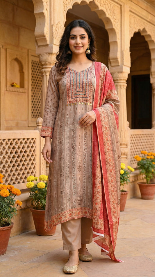 Vertical Floral Print Kurta Set with Charm Accents