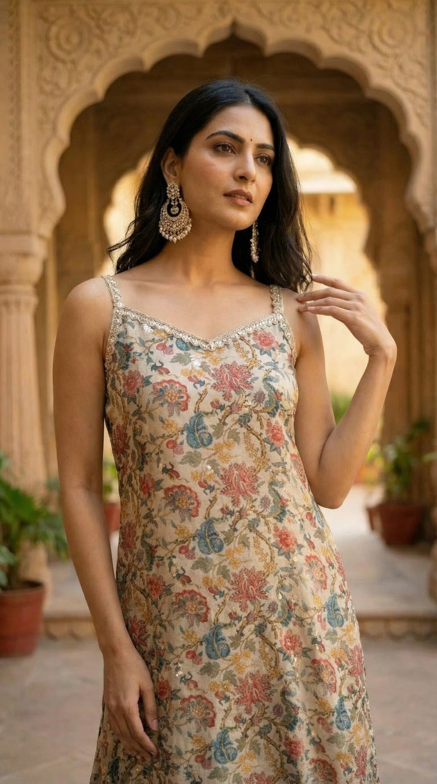 Sleeveless Printed Tunic Paired With Wide-Legged Palazzo Pants